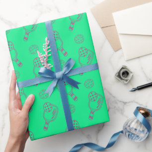 Modernes, einfaches rosa und grünes Pickleball-Mus Geschenkpapier
