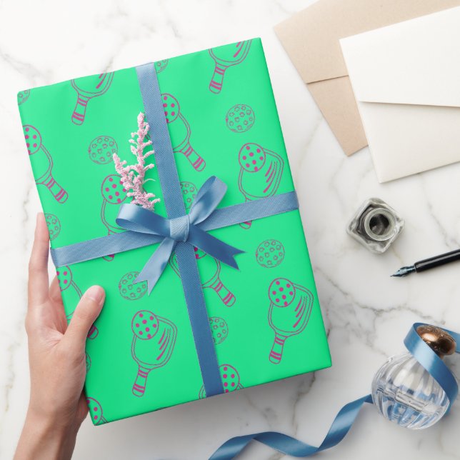 Modernes, einfaches rosa und grünes Pickleball-Mus Geschenkpapier (Schenken)