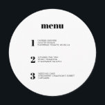 Modernes, einfaches Round Circle Wedding Menü Menükarte<br><div class="desc">Dieses zeitgenössische Hochzeitsmenü bietet die Gerichte Ihres Hochzeitsmahles in schlichten Schriftart und ein elegantes und gepflegtes Design. Die Kreuz-Menükarte hebt sich sicherlich von der Masse ab. Moderne Typografie für eine moderne Hochzeit. Alle Elemente sind anpassbar - Text und Farben. Namen und Daten auf der Rückseite - Bearbeiten oder löschen, falls...</div>