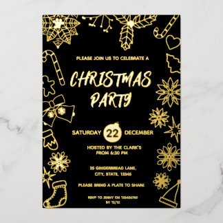 Modernes, einfaches Schwarz-Gold-elegantes Xmas Pa Folieneinladung