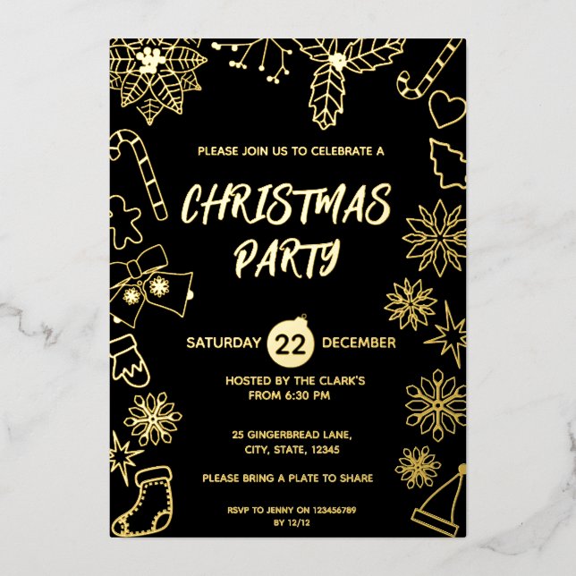Modernes, einfaches Schwarz-Gold-elegantes Xmas Pa Folieneinladung (Vorderseite)