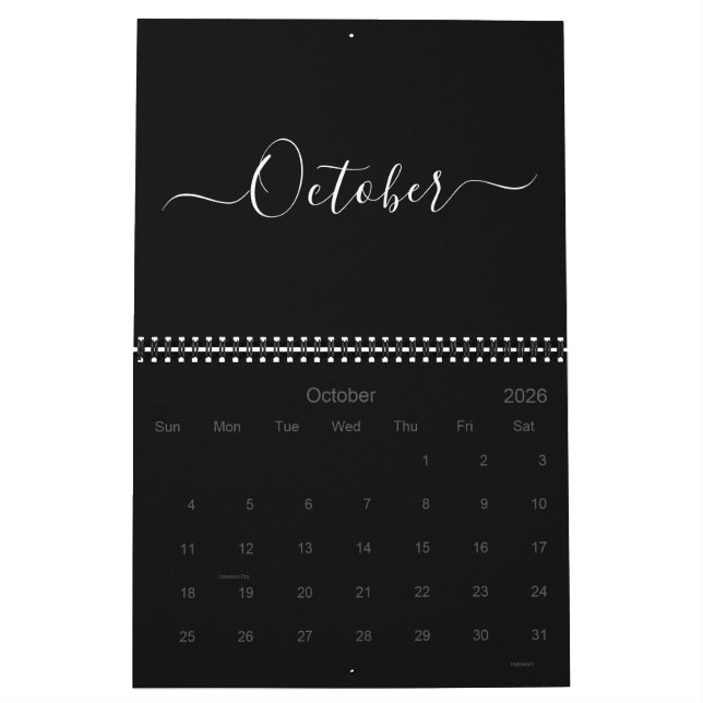 Modernes, einfaches Schwarz-weißes Drehbuch Monat  Kalender (Okt 2026)