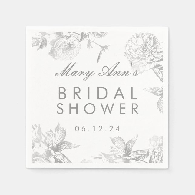 Modernes, einfaches Silver Floral Brautparty Gefal Serviette (Vorderseite)