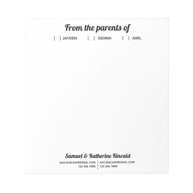 Modernes, einfaches Skript von den Eltern  Notizblock (Vorderseite)