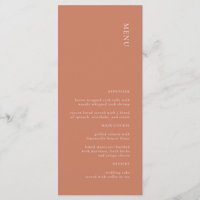 Modernes einfaches Terracotta Wedding Menu Menükarte (Vorderseite)