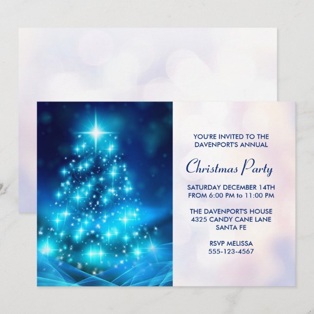 Modernes Electric Blue Christmas Tree Party Einladung (Vorne/Hinten)