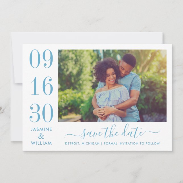 Modernes Elegance Dusty Blue Wedding Foto Save The Date (Vorderseite)