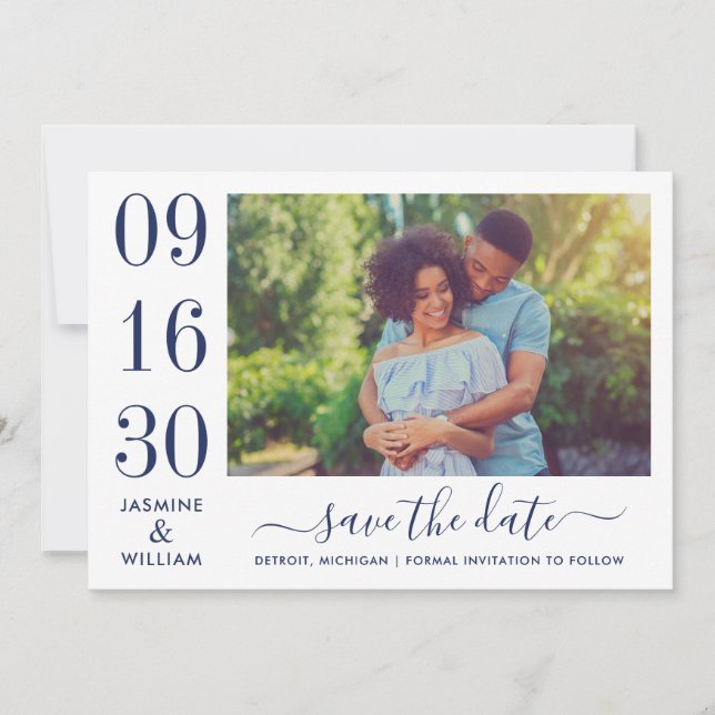 Modernes Elegance Navy Blue Wedding Foto Save The Date (Vorderseite)