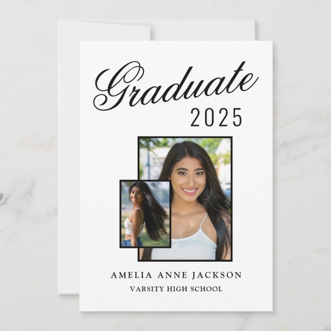 Modernes Elegant 2025 Graduate Foto Black & White Einladung (Vorderseite)
