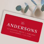 Modernes Elegant | Helle Red Christmas Address Adressaufkleber<br><div class="desc">Ein stilvolles,  modernes Rücksendelabel mit Ihrem Nachnamen in klassischer Typografie,  gepaart mit handgeschriebenen Schriftzeichen in Weiß und einer prächtigen,  leuchtend roten Farbe. Ein elegantes,  minimalistisches Design,  das sich in dieser Weihnachtszeit von der Masse abhebt!</div>