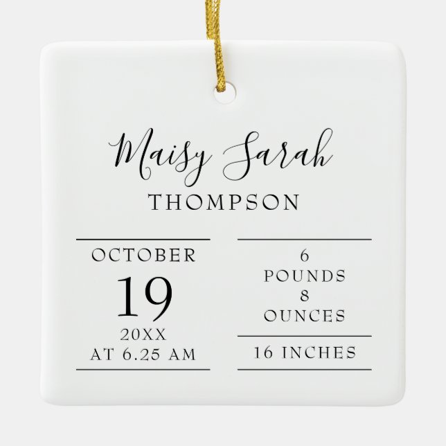 Modernes Elegantes Baby Birth Stats Foto Keramikornament (Vorderseite)