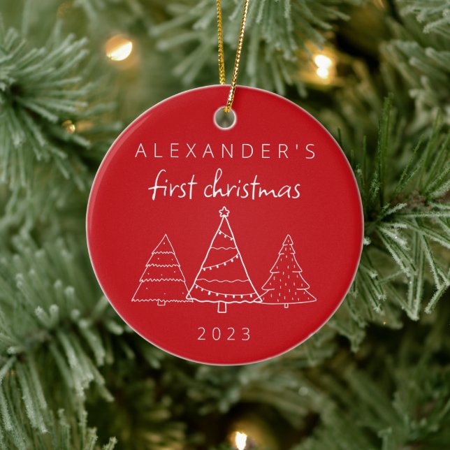 Modernes Elegantes Baby First Christmas Foto Red Keramik Ornament (Baum)