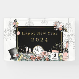 Modernes elegantes Black Gold Happy New Year Party Banner