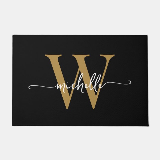 Modernes, elegantes Black Gold Monogram Name Scrip Fußmatte (Vorderseite)