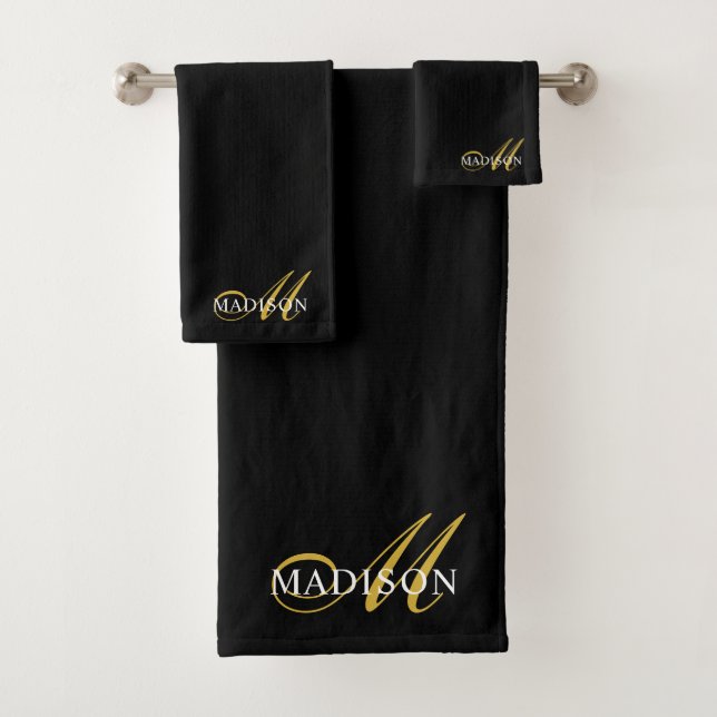 Modernes, elegantes Black-Gold Monogram-Skript Badhandtuch Set (Insitu)