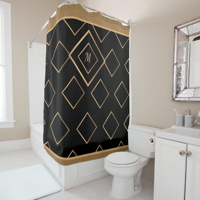 Modernes elegantes Black Gold Monogram Stilvoll Duschvorhang (Beispiel)