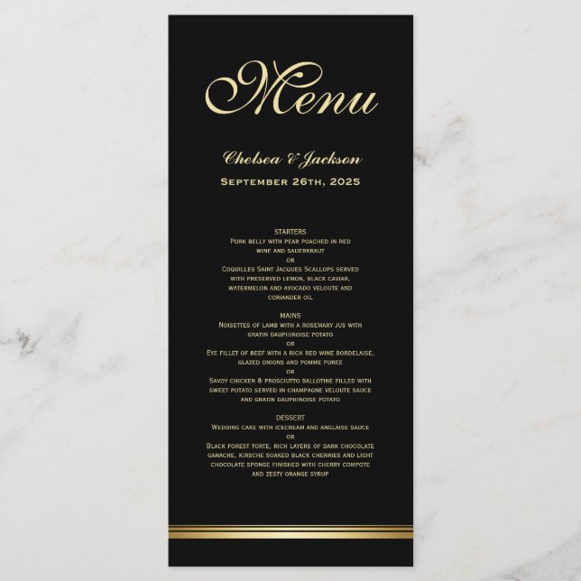 Modernes elegantes Black Gold Wedding Menü Menükarte (Vorderseite)