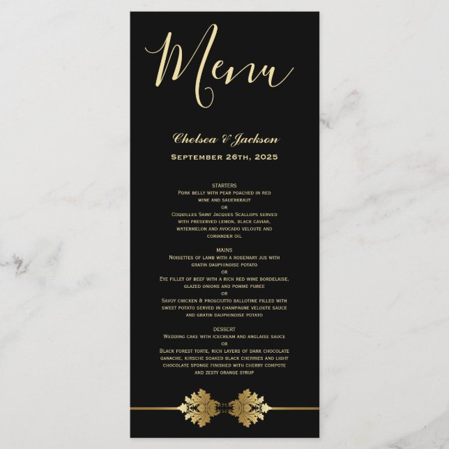 Modernes elegantes Black Gold Wedding Menü Menükarte (Vorderseite)