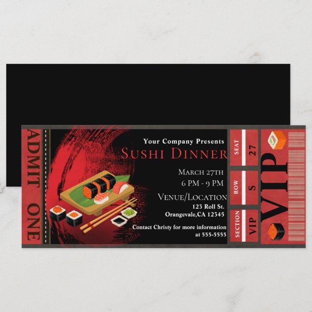 Modernes elegantes Black & Red Sushi VIP Dinner Pa Einladung (Vorne/Hinten)