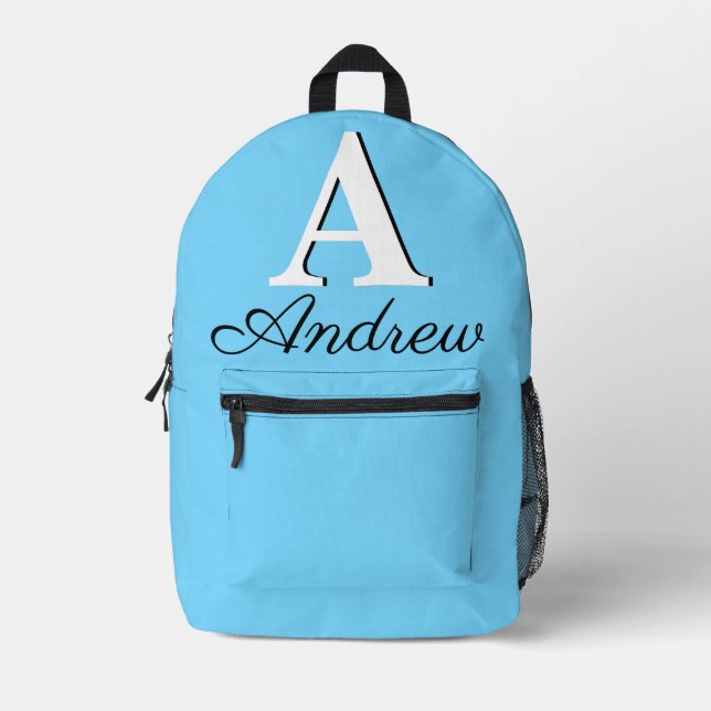 Modernes elegantes, blasses Cyan Monogramm Bedruckter Rucksack (Vorderseite)