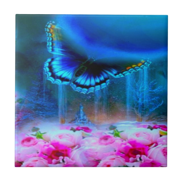 Modernes, elegantes, blaues Schmetterling-Rosa-Des Fliese (Vorderseite)
