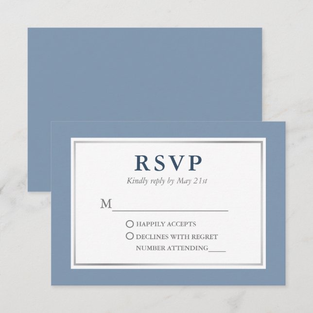 Modernes, elegantes, blaues weißes Silber RSVP Karte (Vorne/Hinten)