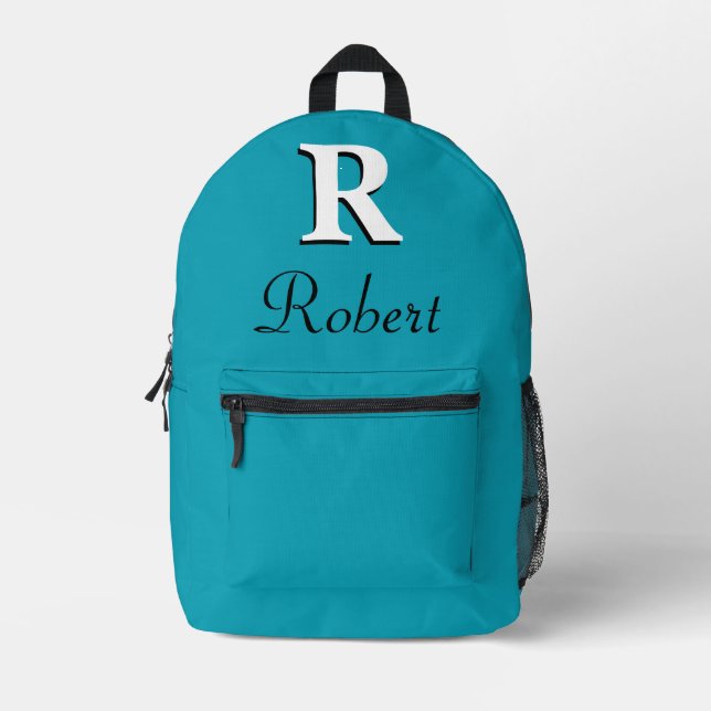 Modernes, elegantes blaugrünes Monogramm Bedruckter Rucksack (Vorderseite)