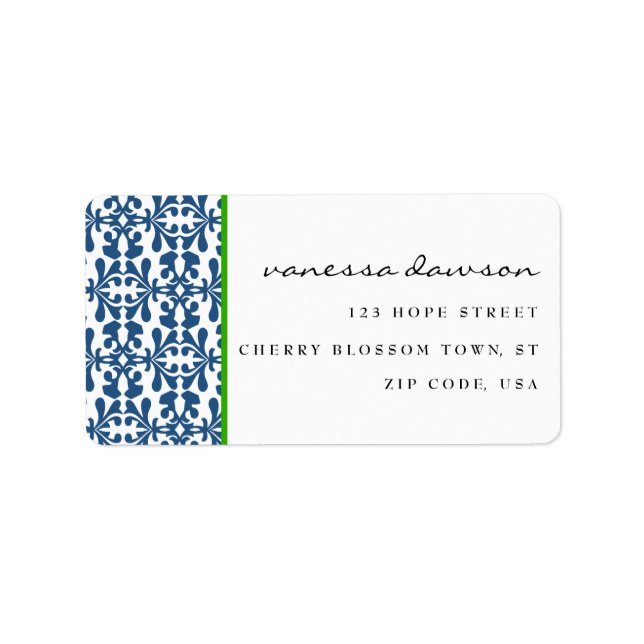 Modernes Elegantes Blue Arabesque Damask Personali Adressaufkleber (Vorne)