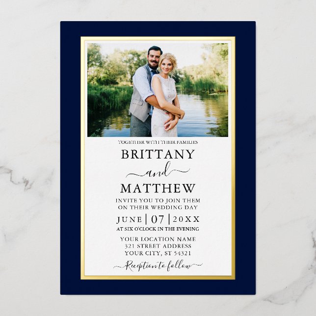 Modernes elegantes Blue Foto Wedding Gold Folieneinladung (Vorderseite)