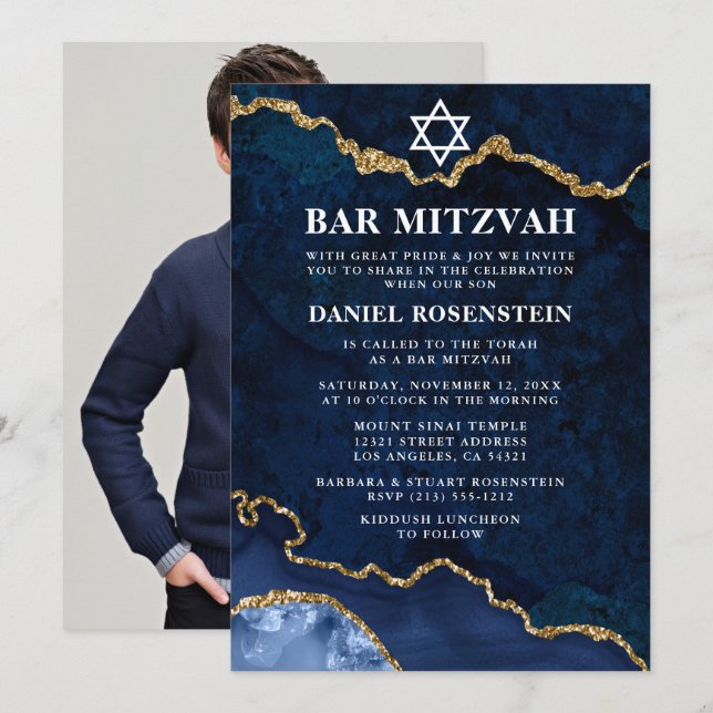 Modernes Elegantes Blue Gold Marble Bar Mitzvah Fo Einladung (Vorne/Hinten)