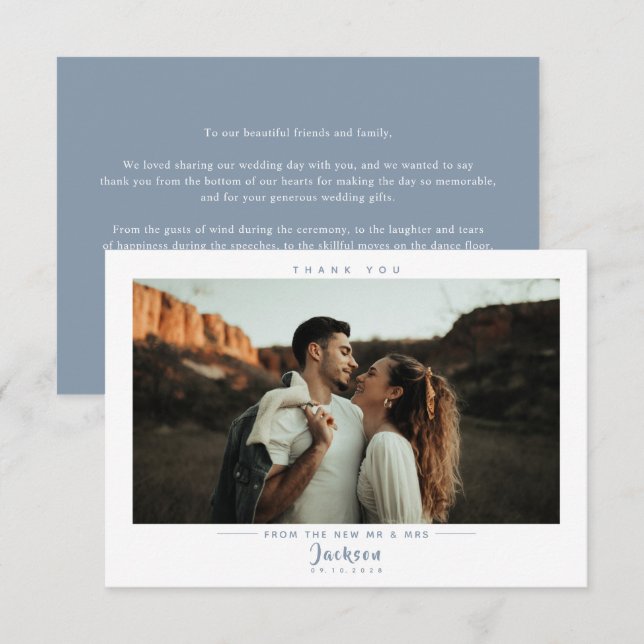 Modernes elegantes Blue Wedding Foto Dankeskarte (Vorne/Hinten)