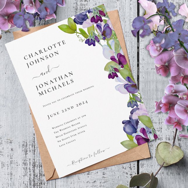 Modernes Elegantes Blumenblau Einladung (Modern sweetpea blue burgundy pink wedding invitation boho chic watercolor floral)