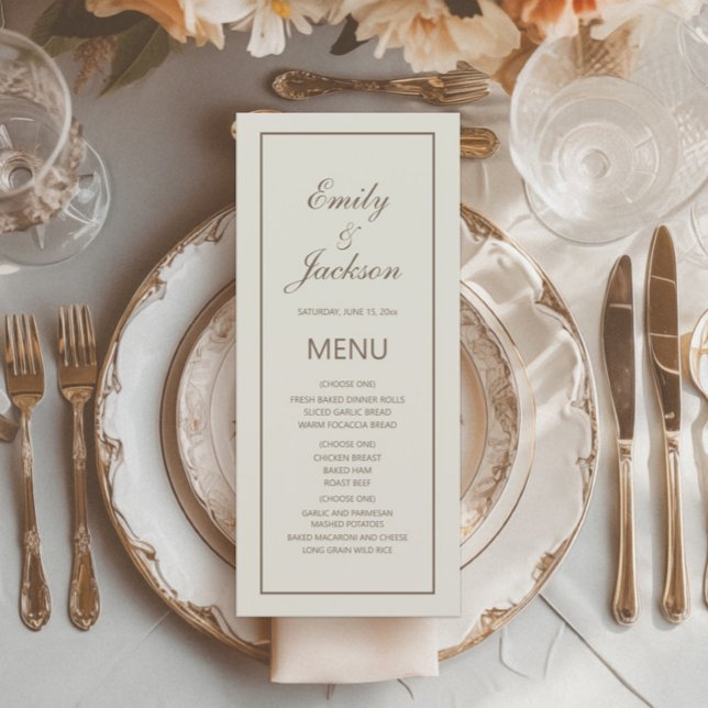 Modernes elegantes Cream Brown Wedding Menu Menükarte (Cream-colored wedding reception menu)