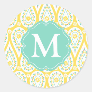 Modernes Elegantes Damask Gelbes Paisley Personali Runder Aufkleber