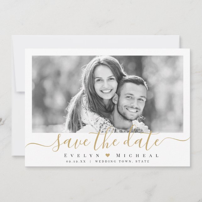 Modernes, elegantes Drehbuch-Foto Save the Date Einladung (Vorderseite)