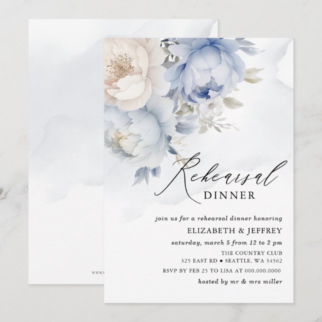 Modernes elegantes Dusty Blue Floral Probe Abendes Einladung (Vorne/Hinten)