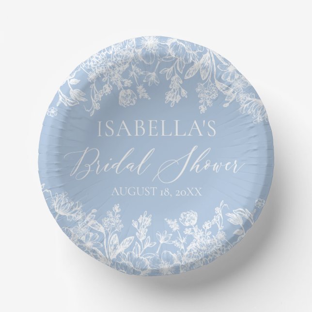 Modernes Elegantes Dusty Blue Wildblume Brautparty Pappteller (Vorderseite)