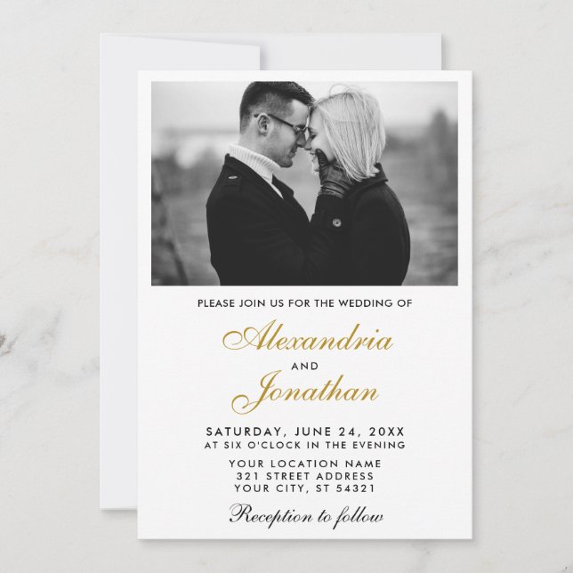 Modernes, elegantes, einfaches Foto Hochzeit Gold Einladung (Vorderseite)
