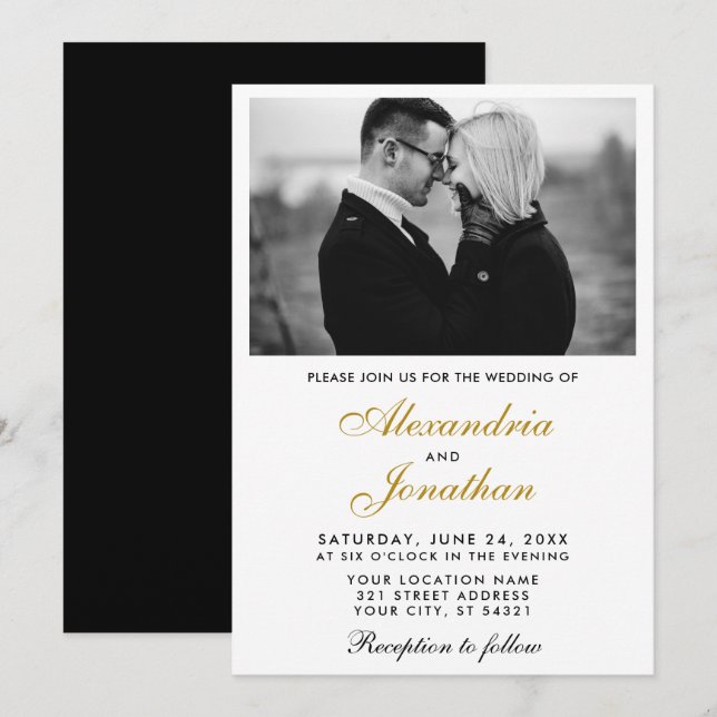 Modernes elegantes einfaches Foto Wedding Gold BW Einladung (Vorne/Hinten)