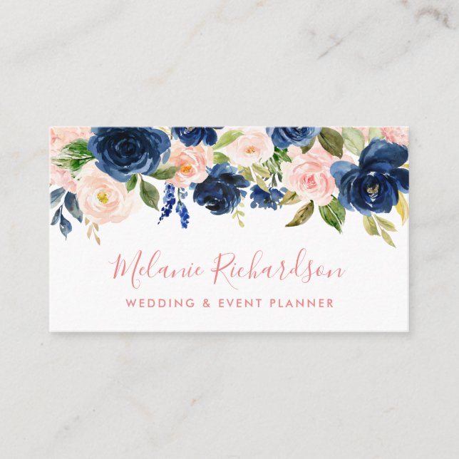 Modernes Elegantes Floral Klassisches Blau Rosa Bl Visitenkarte (Vorderseite)