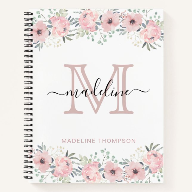 Modernes elegantes, florales Rosa Monogramm Notizbuch (Vorderseite)