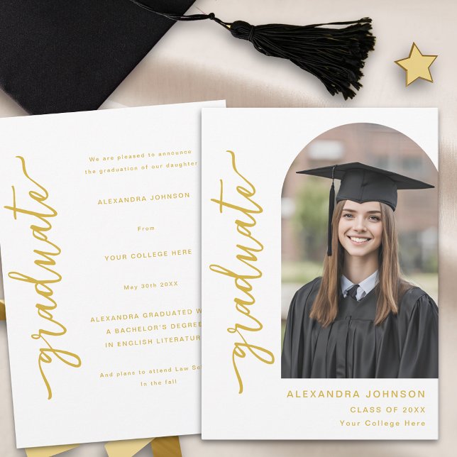 Modernes elegantes Foto Arch Ankündigung (Modern elegant arch photo graduation announcement card gold script minimalist Stylish trendy)