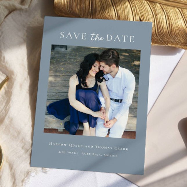 Modernes elegantes Foto Dusty Blue Save The Date (Von Creator hochgeladen)