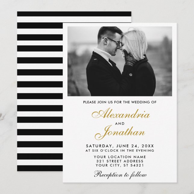 Modernes elegantes Foto gestreift Wedding Gold BW Einladung (Vorne/Hinten)
