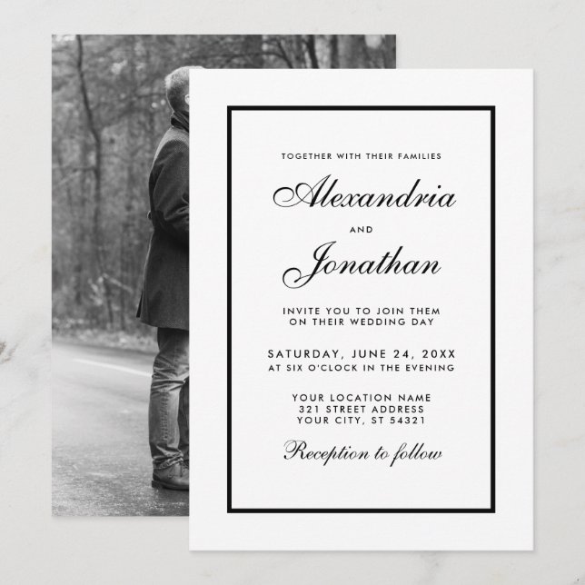 Modernes elegantes Foto Hochzeit laden Schwarz & W Einladung (Vorne/Hinten)