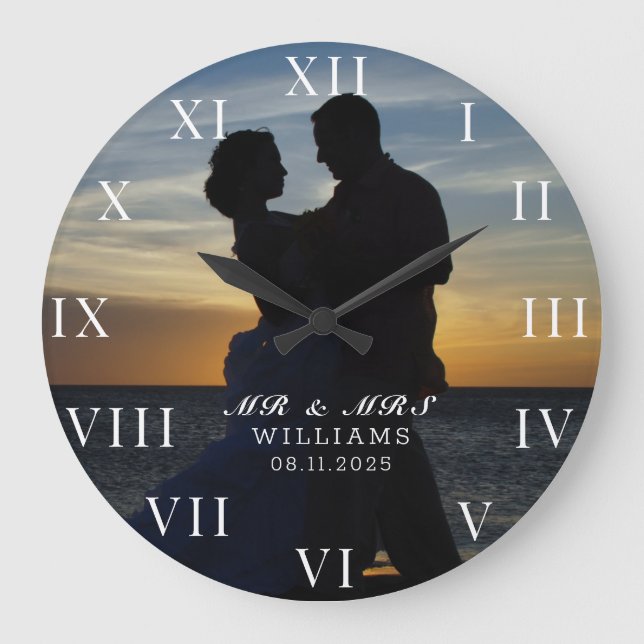 Modernes elegantes Foto New Wed Wedding Große Wanduhr (Vorderseite)
