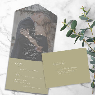 Modernes, elegantes Foto Salbei Grün Hochzeit RSVP All In One Einladung
