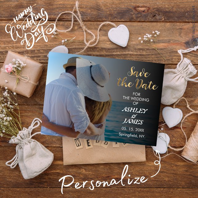 Modernes elegantes Foto Save the Date Gold Script Einladung (Von Creator hochgeladen)