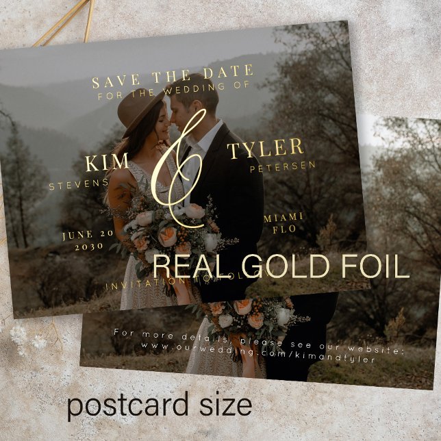 Modernes, elegantes Foto Save the Date Postkarte (You can choose the color of the foil GOLD, SILVER or ROSE GOLD)