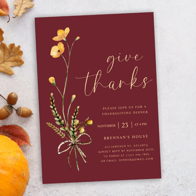Modernes Elegantes Friendsgiving Erntedank Abendes Einladung (Burgundy Elegant Wildflower Thanksgiving Dinner Invitation)